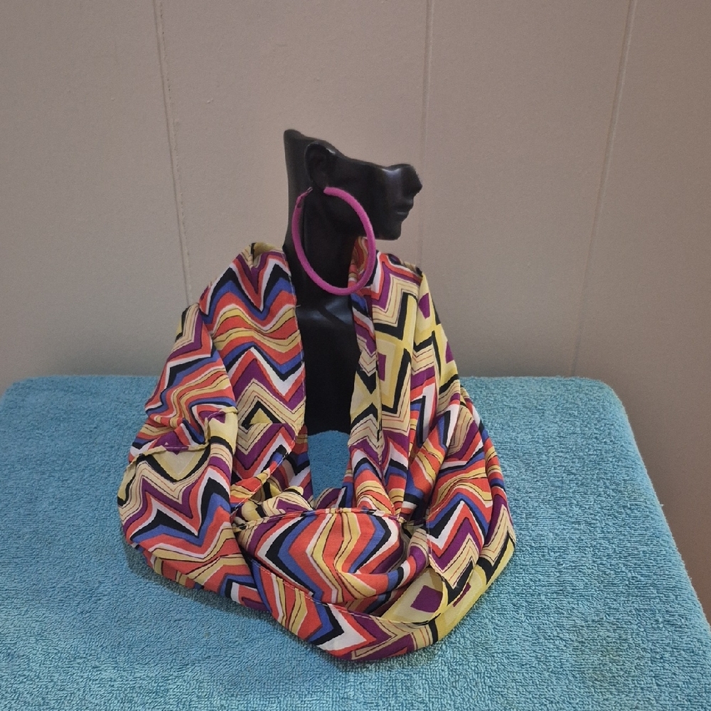Colorful Zigzag Patterned Infinity Scarf With Ear… - image 1